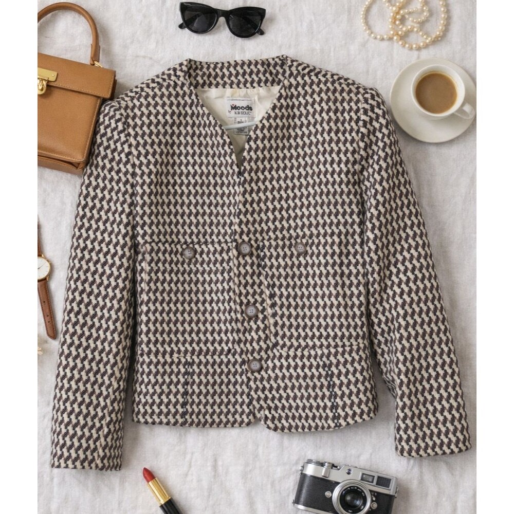 Vintage Moods by Krizia Wool Blend Cropped Blazer Houndstooth Textured Jacket